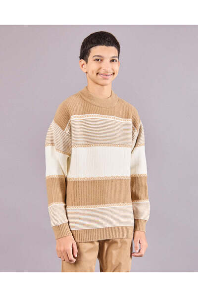 REDTAG Senior Boys Beige And White Striped Sweatshirt