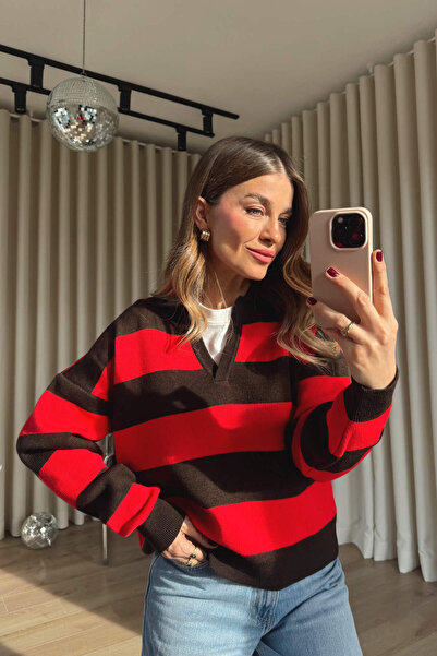 Sue Store Pulover cu decolteu în V cu dungi roșii maro supradimensionat