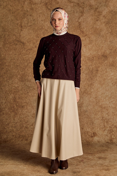 Setrms Taş Detaylı Baklava Desenli Triko Bluz