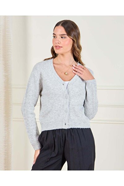 REDTAG Women Grey Button Front Knitted Cardigan