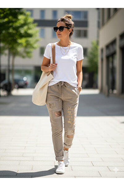 Miss BuBu Collection Kadın İtalyan Payetli Yazılı Pantolon