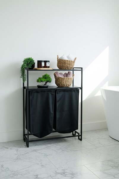 EVLE Banyo/Çamaşır Odası için 2 Raflı, 2 Bölmeli Metal Çamaşır Sepeti ve Düze...