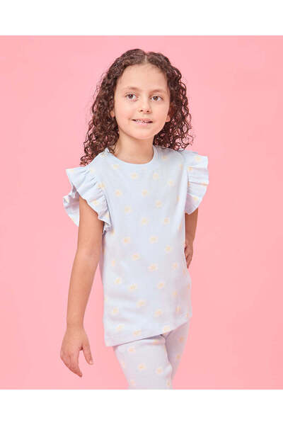 REDTAG Girls Blue Floral Printed Rib T-Shirt