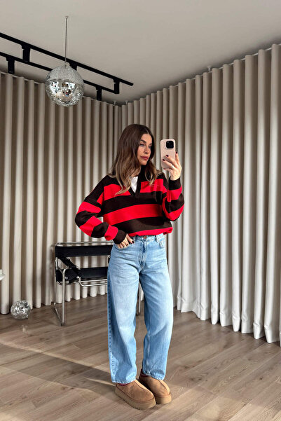 Sue Store Pulover cu decolteu în V cu dungi roșii maro supradimensionat