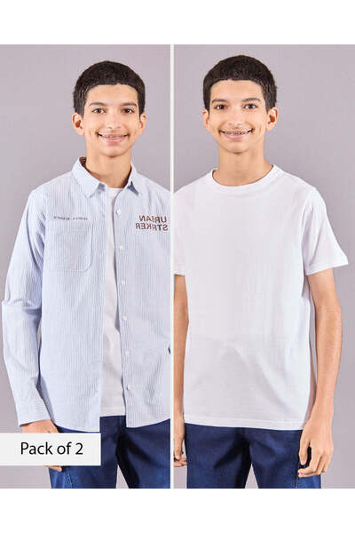 REDTAG طقم قميص أزرق مع تي شيرت أبيض للأولاد الكبار (قطعتين)