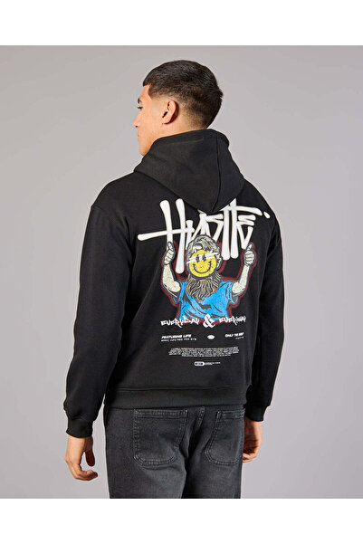 REDTAG Men Black Front & Back Embroidered Hooded Sweatshirt