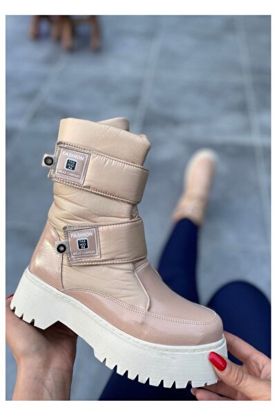 TUBA TOPTAŞ Women's Platform Sole Inflatable Fabric Detailed Beige Snow Boots