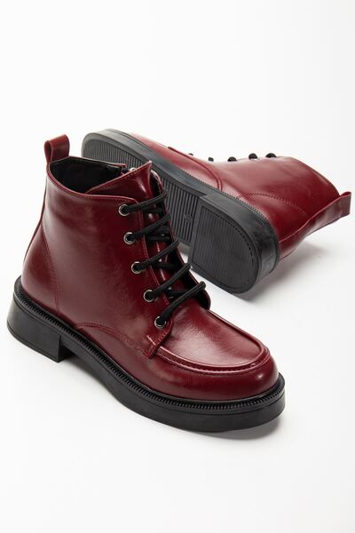 Budi 02-2001 Burgundy Wrinkled Patent Leather Lace-Up Zippered Casual Women's Boots
