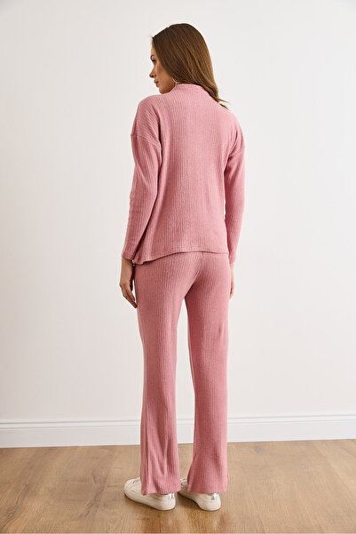 Olalook Women's Dusty Rose Bottom Pocket Pants Top Mock Neck Blouse Fleece-Lined Set Tkm-19000254