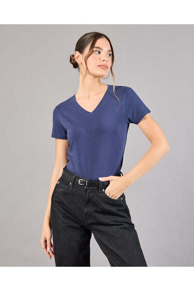 REDTAG Women Navy Short Sleeve V-Neck T-Shirt