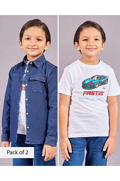 REDTAG طقم قميص جينز أزرق للأولاد مع تي شيرت مطبوع أبيض (قطعتين)