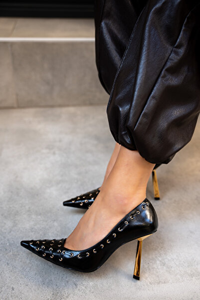 LAMİNTA Elvis Black Leather Women's Studded Detailed Heeled Shoes