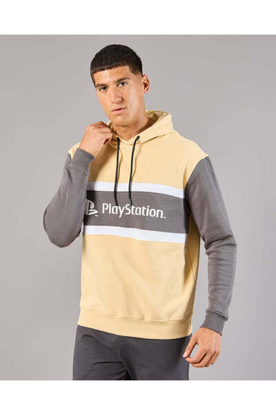 REDTAG Men Beige Play Station Hooded Sweatshirt