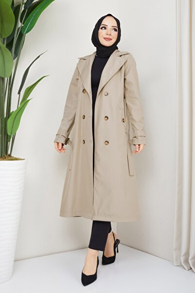 InStyle Double-Breasted Lined Cream Trench Coat with Collar and Belt