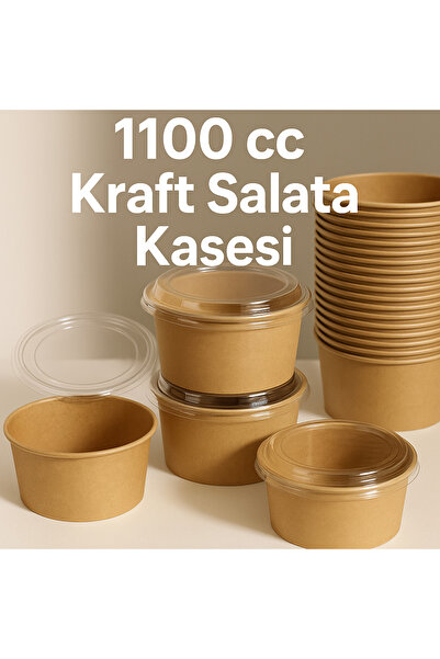 Flex 1100 cc Kraft Salata Kasesi Kapaklı 25 adet– Sızdırmaz Paket Servis Kase...