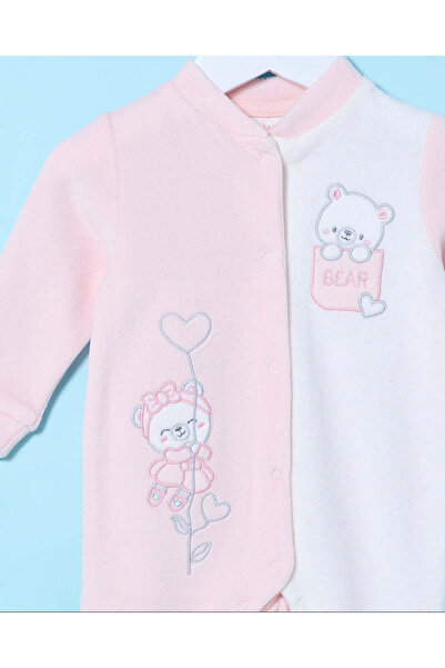 REDTAG Baby White And Pink Velour Button Front Sleepsuit