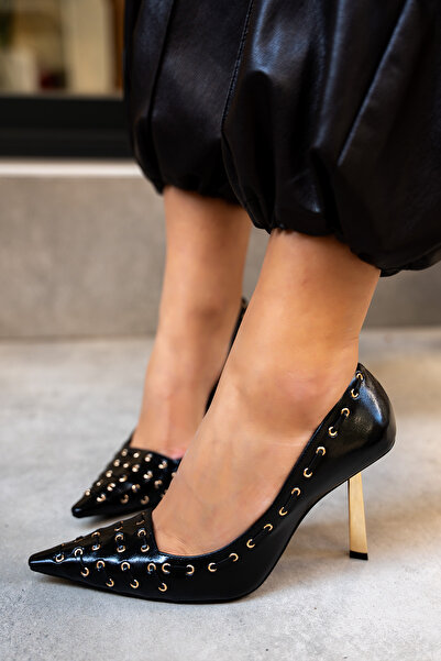 LAMİNTA Elvis Black Leather Women's Studded Detailed Heeled Shoes