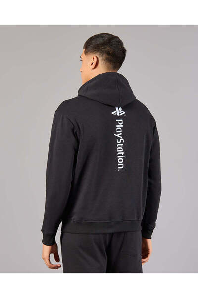 REDTAG Men Black Play Station Hooded Sweatshirt