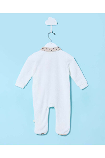REDTAG Baby White Embroidered Velour Sleepsuit