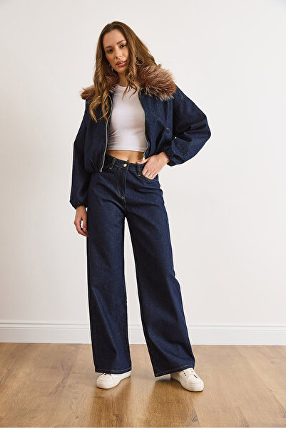 Olalook Women's Navy Blue Denim Lined Jacket Pants Set Tkm-19000464