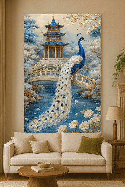 BLT DİZAYN Blue and White Feng Shui Peacock Glass Painting – Abundance Energy Wall Decor