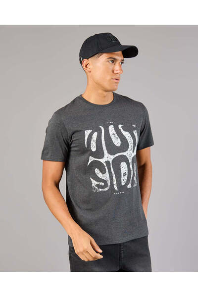 REDTAG Men Charcoal Printed Basic T-Shirt