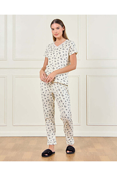 REDTAG Women Beige Printed Pyjama Set (2 Piece)