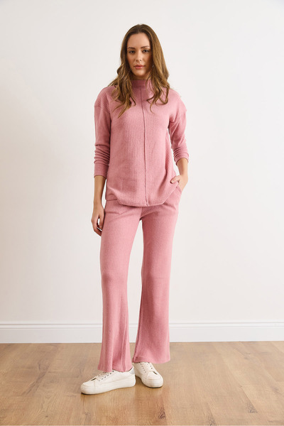 Olalook Women's Dusty Rose Bottom Pocket Pants Top Mock Neck Blouse Fleece-Lined Set Tkm-19000254