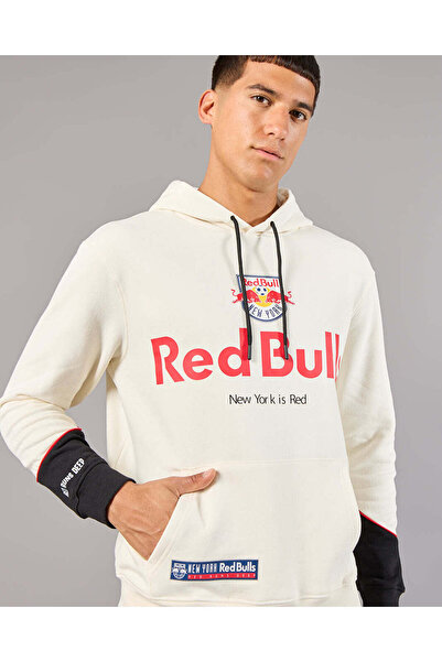 REDTAG Men Ivory Red Bull Hooded Sweatshirt