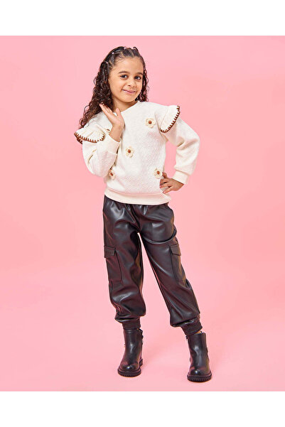 REDTAG Girls Beige 3D Flower Embellished Sweatshirt