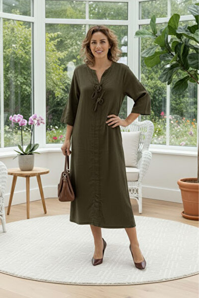 Nevin Kaya Moda Haki İtalyan İki Düğmeli Kadife Elbise