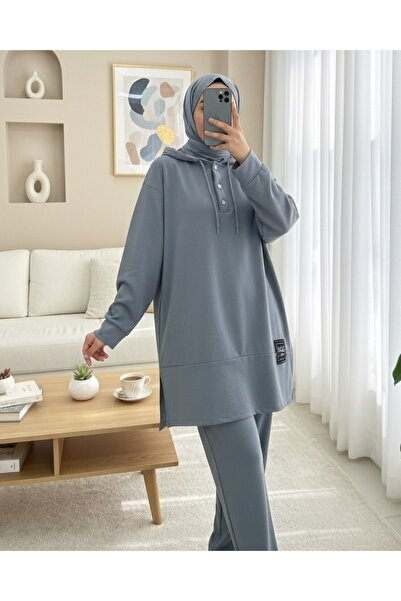 Modamorfo Snap Fastener Arma Detailed Double Combed Cotton Suit - Silver