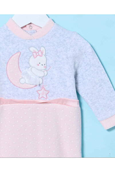 REDTAG Baby Pink And Grey Embroidered Velour Sleepsuit