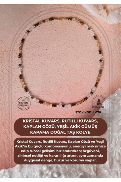 OSMANLI DOĞAL TAŞ Certified Crystal Quartz, Rutile Quartz, Tiger's Eye, Agate Silver Closure Natural Stone Pendant (Sk:070)