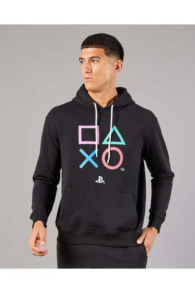 REDTAG Men Black Play Station Hooded Sweatshirt