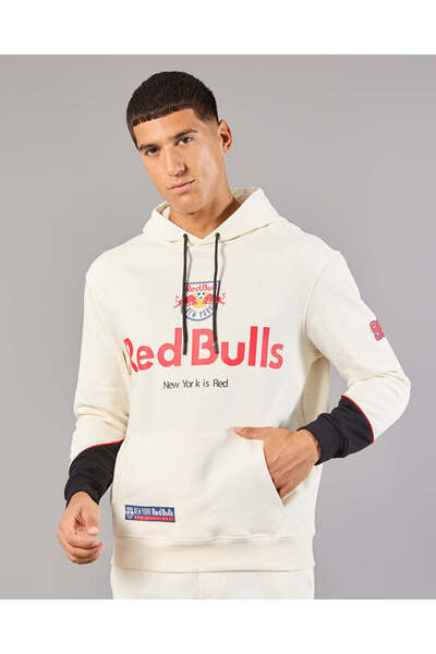 REDTAG Men Ivory Red Bull Hooded Sweatshirt