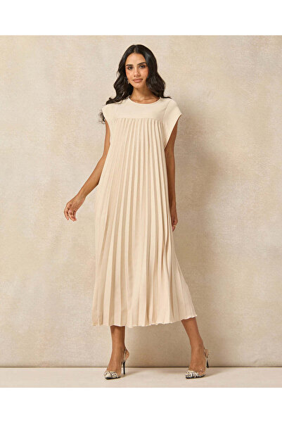 REDTAG Women Beige Pleated A Line Beige Dress