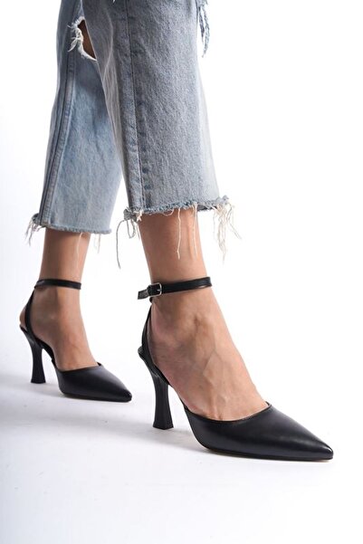 Gökhan Talay Lila Black Leather Mid-Heeled (8 cm) Open Back Classic Heeled Shoes