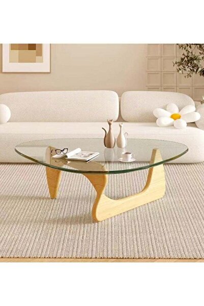 C&C Home Mid-Century Abstract Triangular Coffee Table with Solid Wood Frame & Glass Top 91x65x40 cm