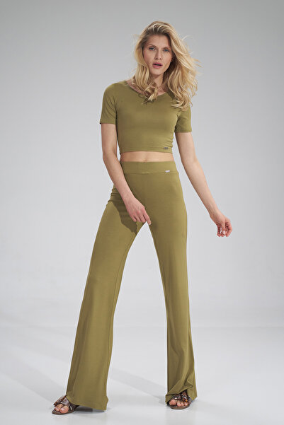 Figl Women's slim trousers - wide-leg viscose trousers, light olive M749 size S