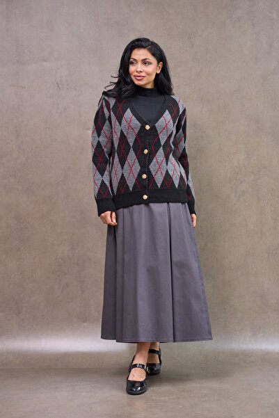 KÜÇÜĞÜM BUTİK Gray Baklava Patterned Knitwear Cardigan