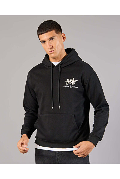 REDTAG Men Black Front & Back Embroidered Hooded Sweatshirt