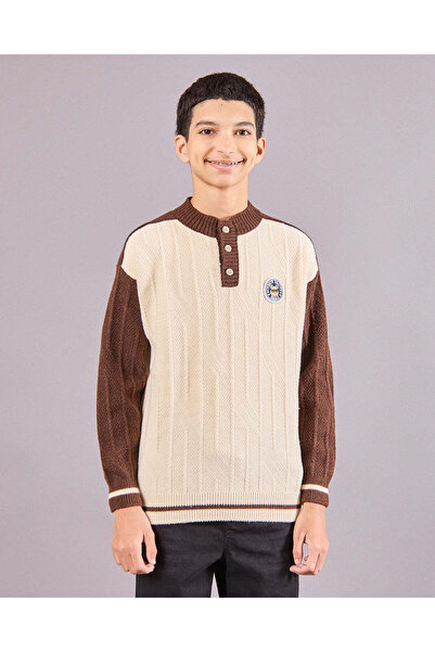 REDTAG Senior Boys Cream Half Front Botton Sweatshirt