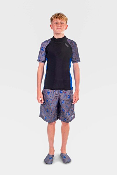 Coega Sunwear Boys Youth Rashguard Short Sleeve - Blue Black Fish