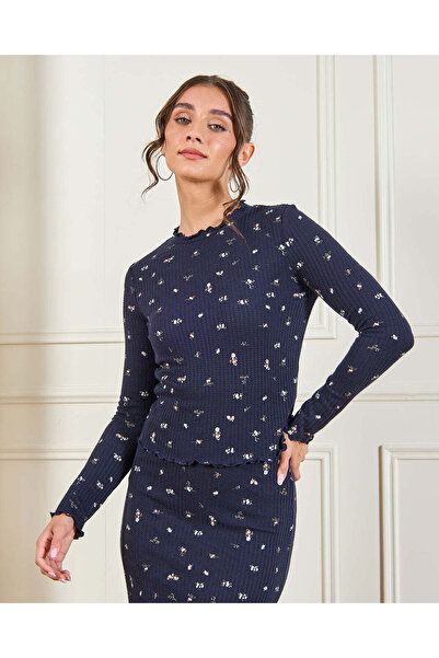 REDTAG Women Navy Printed Rib Top