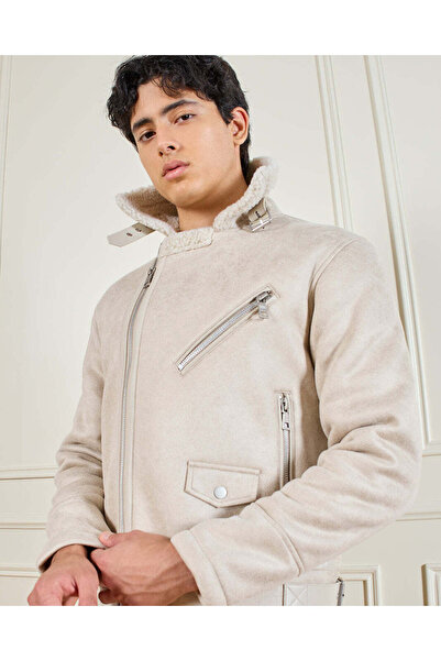 REDTAG Men Beige Suede Aviator With Sherpa Lining