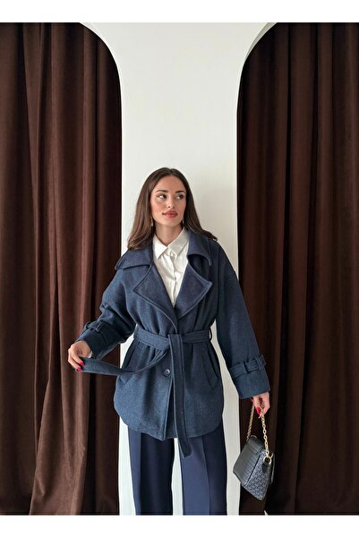 feme clothing LACİVERT Oversıze Kuşaklı astarlı Cepli kışlık Kısa Kaban