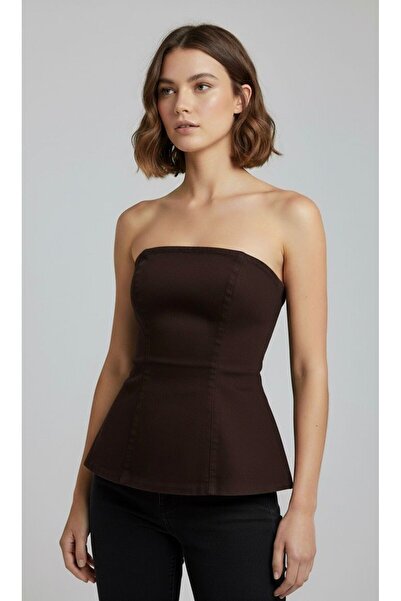 harmony_byharmony Denim Straplez Fermuarlı Kahverengi Büstiyer