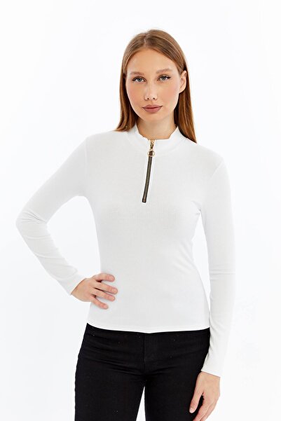 Maison La Femme Women's Long Sleeve Half Zipper Slim Fit Tshirt