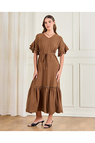 REDTAG فستان ماكسي بني بأكمام مكشكشة للنساء